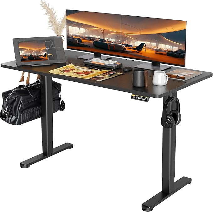 Seang Electric Standing Desk Adjustable Height with 3 Memory Presets 55x24 Inch Sit Stand with Splice Board for Home Office Computer Workstation Black Frame/Black Top