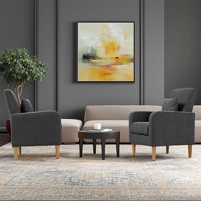 Upholstered Sofa Chair with Pillow Fabric Accent Armchair with Wooden Legs Comfy Lounge Chair for Living Room Bedroom or Office Supports up to 300 lbs (Black)