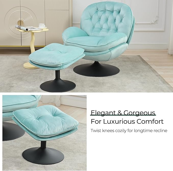 Velvet Swivel Accent Chair with Ottoman SetModern Tufted Armchair with Footrest for Living RoomReading TV Chair for AdultComfy Chaise Lounge Chairs with 360 Degree Swiveling for BedroomTeal