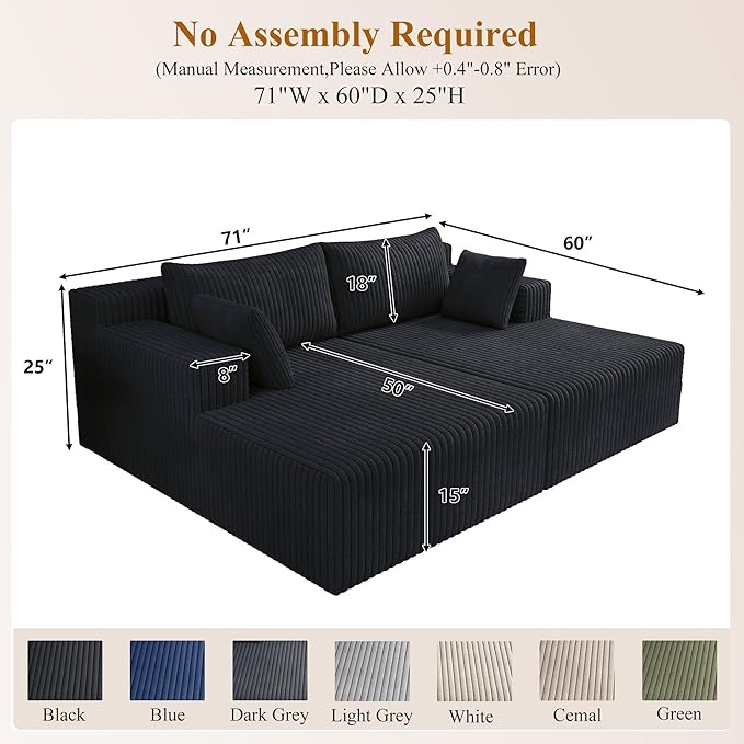 71'' Oversized Double Chaise Lounges Indoor Cloud Upholstered Boneless Couch Bed Deep Seat No Assembly Required Modern Corduroy Sleeper Loveseat Chair for Living Room Bedroom Reading (Black) | Bre