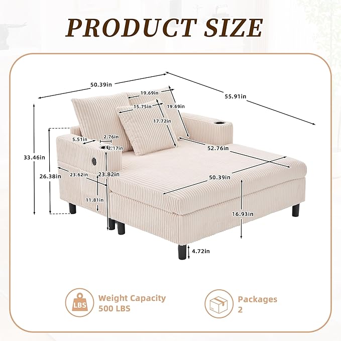 KEIKI 50 W Corduroy Oversized Recliner Single Sofa Longue with Deep Seat3 PillowsUSB ChargingCup Holder and Side Pocket