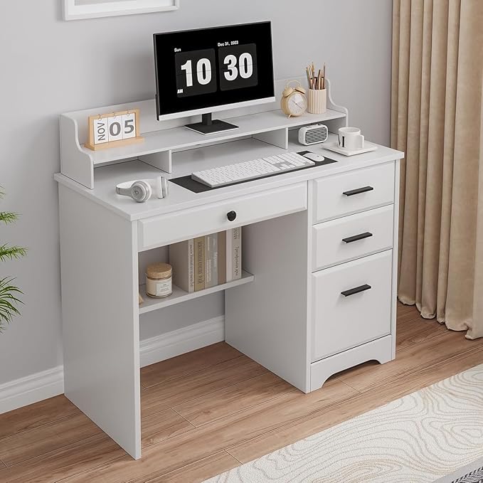 4 EVER WINNER White Desk with Drawers Home Office Desk for Bedroom Wood Desk with File Cabinet &amp Monitor Stand for Small Places White