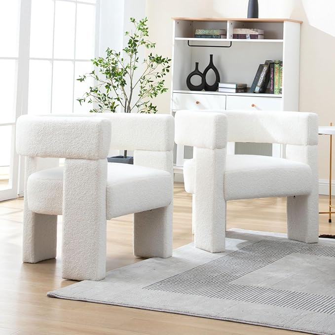 ROCTY White Sherpa Barrel Accent Chairs Set of 2 Upholstered Side Chairs with Arm for Living Room Bedroom Reading