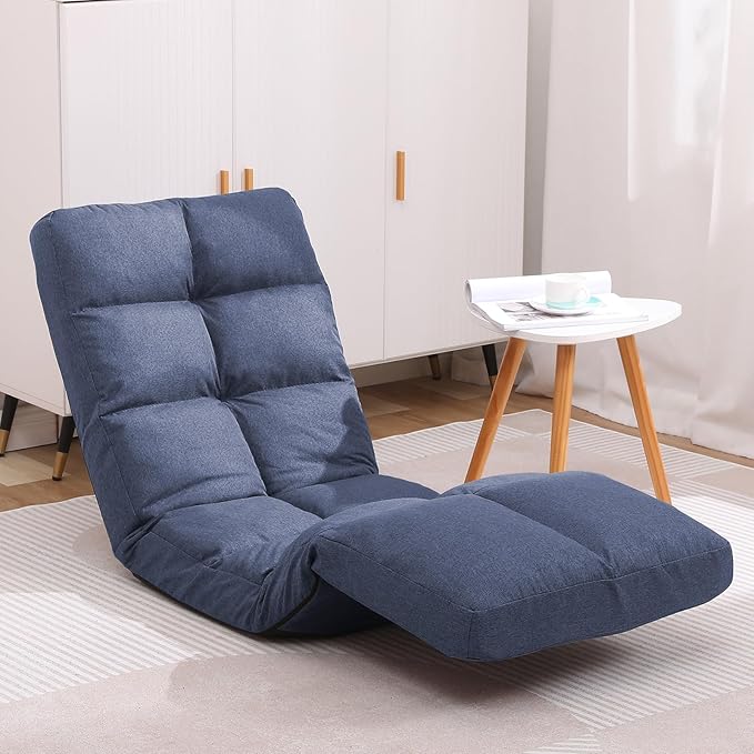 Floor Recliner with Adjustable Footrest - 14-Position Backrest &amp 5-Level Footrest for Ultimate Relaxation Foldable Linen Chaise Lounge Chair for Living Room (Blue)
