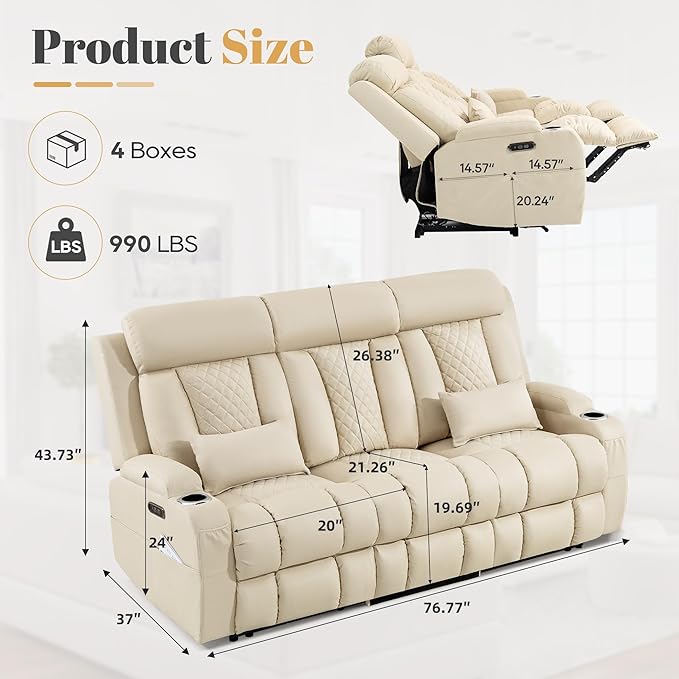 3-Seater Power Recliner Sofa with Adjustable Headrest Zero Wall Hugger Electric Reclining Couch Drop-Down Console with AC Outlets/USB/Type-C 2 Lumbar Pillows &amp Side Pockets
