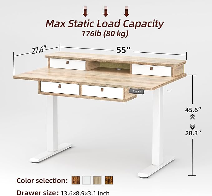 TIQLAB 55 * 28 Inch Standing Desk with Four Drawers Electric Sit Stand Table Stand Up Desk Adjustable Height with Storage Shelf Splice Board Maple