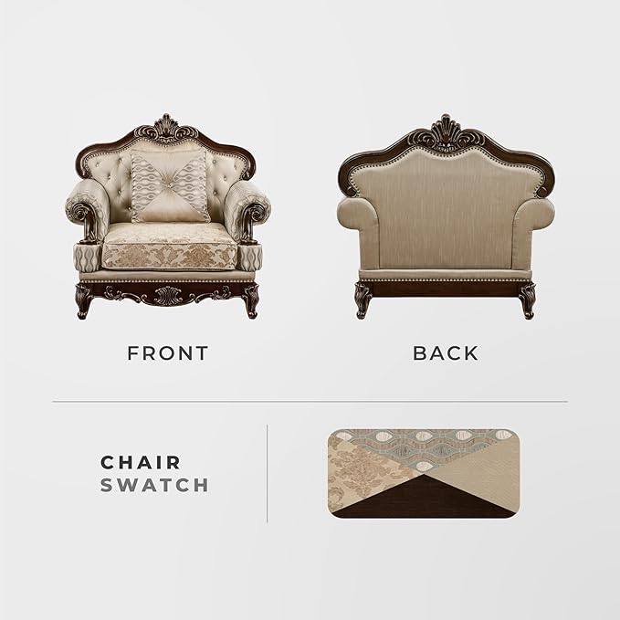 Lexicon Traditional Sofa Chair for Living Room Accent Chair with Tufting Queen Legs in Cherry Finish with Gold Tipping Upholstered Armchair Comfy Chair for Bedroom/Office/Waiting Room Brown