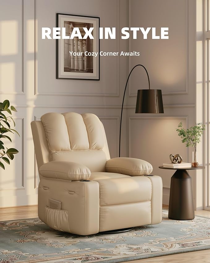 22 in Leather Recliner Chair for Adults Overstuffed Manual Recliner Chair Single Sofa with Cup Holder and Side Pockets Upholstered Chair for Living Rooms Creamy