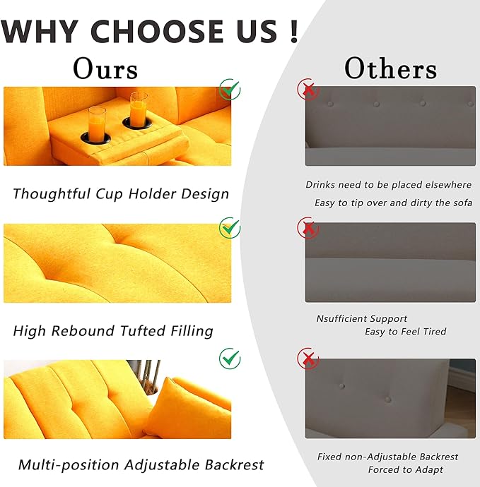 70 Convertible Sofa Bed Modern Futon CouchAdjustable Backrest Cotton Linen with Cup Holders and 2 Throw Pillows Sleeper Sofa for Living Room Apartment Small Space (Yellow)