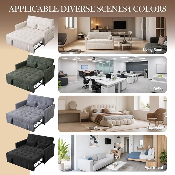 Sofa Bed Loveseat 3-in-1 Sleeper Sofa with Pull Out Bed Pockets and USB Modern 2 Seater Convertible Small Couch for Living Room Bedroom Apartment (Green Corduroy)