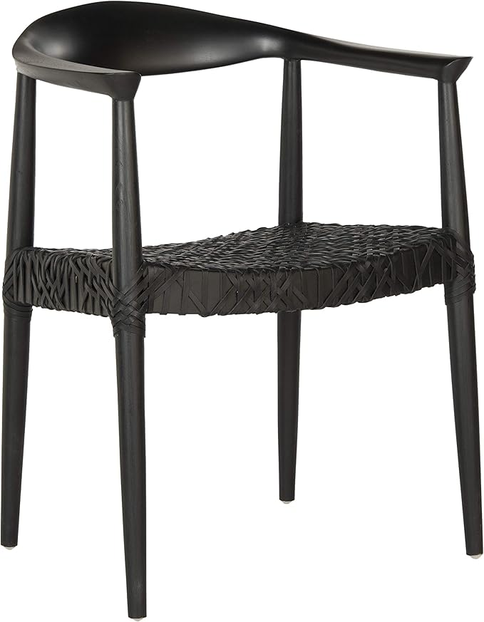 SAFAVIEH Home Collection – Wade Black Teak Wood Arm Chair with Woven Leather Web Seat Fully Assembled Mid-Century Modern Accent Chair (FOX1003B)