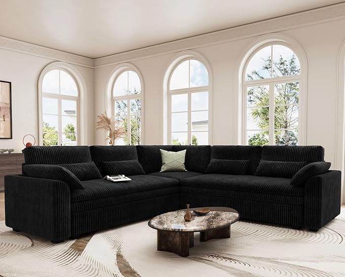 Belffin Large Modular Sectional Sofa with Double 61 Loveseat Corduroy Corner Couch with 9 Soft Dual-Layer Seats Cushion for Living Room Apartment Small Sapce Black