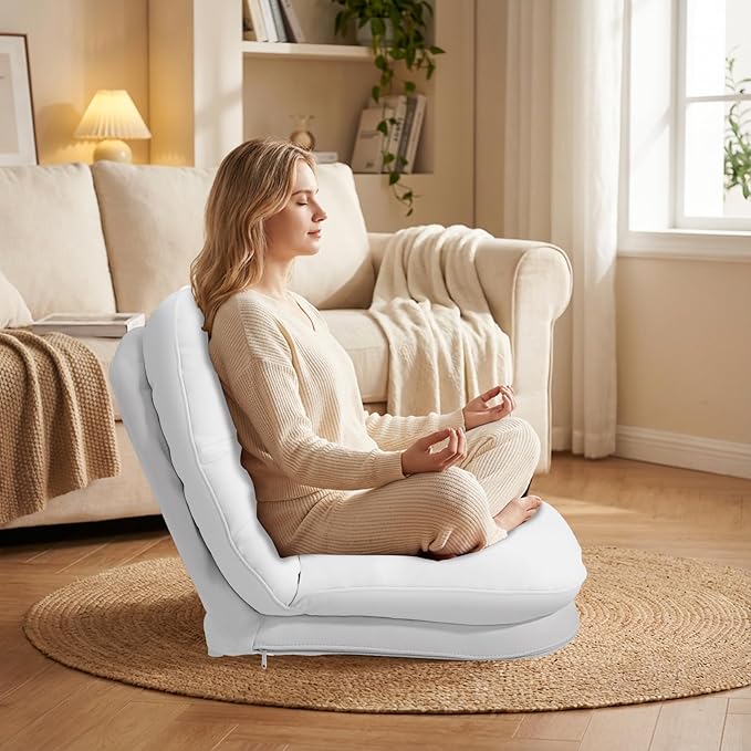 DUMOS Comfy Saucer ChairPU Leather Foldable Chairs for Bedroom Dorm &amp Gaming Fashion Floor Chair with Back Support for Small SpacesWhite