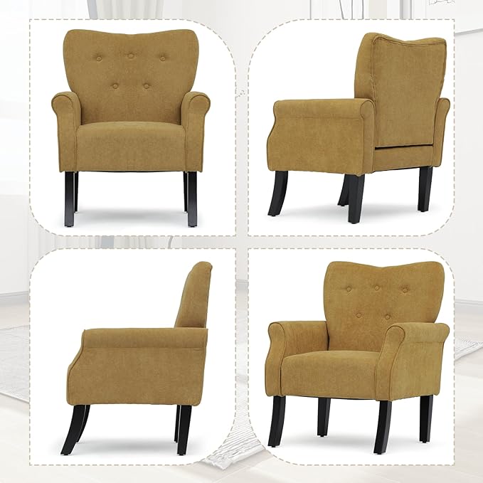 Athena Collection Mid Century Modern Chair for Living Room Upholstered Wingback Reading Chair for Adults Comfy Linen Fabric Armchair with Wooden Legs for Bedroom Dorm Balcony Yellow