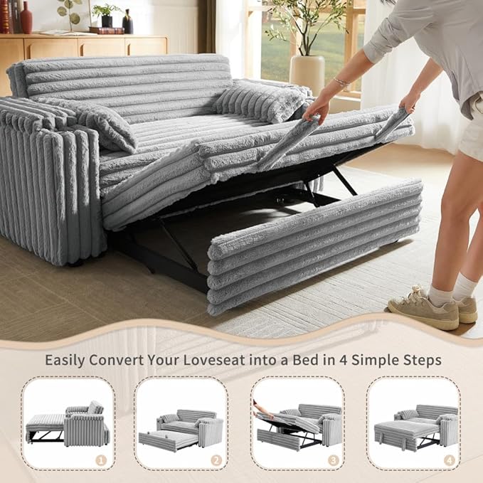68 Corduroy Convertible Sofa Bed with USB Storage Armrests &amp Pillows – 3-in-1 Foldable Sleeper Chair Floor Couch for Living Room Bedroom Guest Room (ZY-1109-Light Gray)