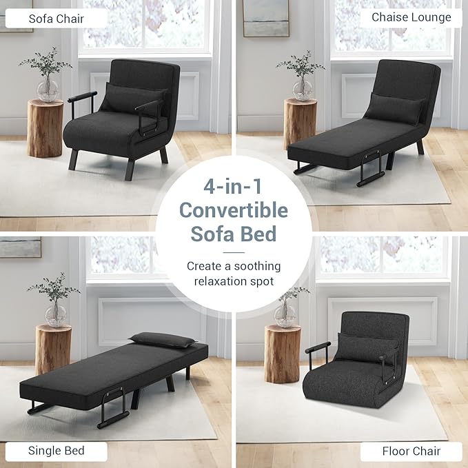 S AFSTAR 4 in 1 Convertible Sofa Bed Sleeper Chair Folding Sofa Arm Chair with Pillow and 6 Position Adjustable Backrest Full Padded Lounger Couch Bed