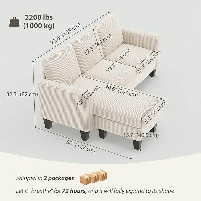 HOMCOM 73 Sectional Sofa L Shaped Couch with Reversible Chaise or Ottoman Corduroy 3 Seat Sectional Couch for Living Room Bedroom Apartment 2200lb Capacity Cream White