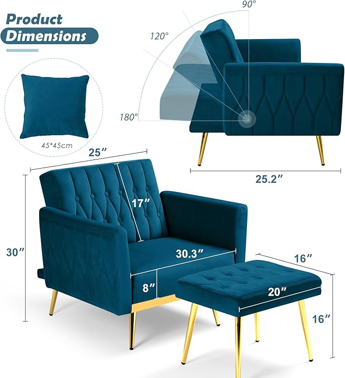Velvet Accent Chair with Adjustable Backrest and Armrests Single Recliner Armchair with Ottoman and Golden Mental Legs for Living Room Bedroom and Waiting Room Teal