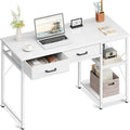 Coleshome Small Computer Desk with Drawers 40 Inch Reversible Home Office Desk with Storage Shelves Study Laptop Vanity Table for Bedroom Small Space White