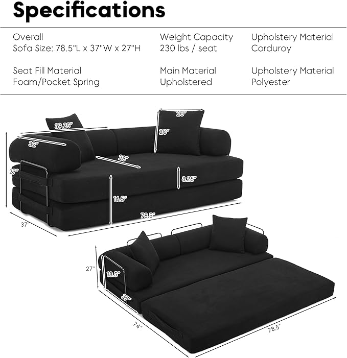 Convertible Floor Sofa Bed with Fixed-Shape Frame Modular Corduroy Folding Mattress Couch with Armrest Floor Sofa Lounge Couch for Living Room Bedroom Lounge Studio-Black