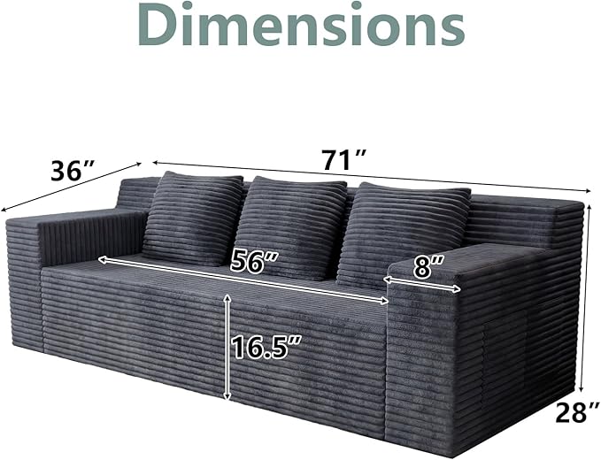 71 Cloud Loveseat SofaBoneless Deep Seat 2-Seater with 3 Pillows&ampSide PocketNo Assembly Foam Floor CouchPlush Corduroy Living Room Sofa for Small Space Apartment(Flat HandrailDark Grey)