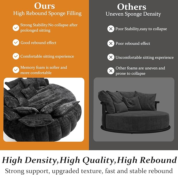 81'' Cloud Couches for Living Room Comfy Circle Round Couch Bed with 14 Pillows Upholstered Boneless Couch Oversized Chaise Lounge Chair Indoor Extra Wide Round Daybed Floor Sofa (Black)
