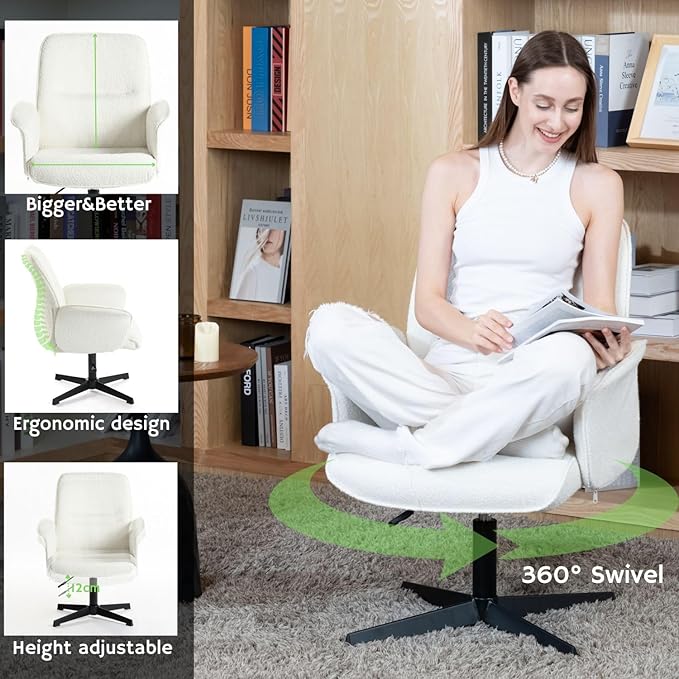 FurnitureR Relax Chair Featuring Fashionable Loop Yarn 12.6 INCHES X Base. Unique Living Room Chair with 360° Swivel Function and Height Adjustment Function White