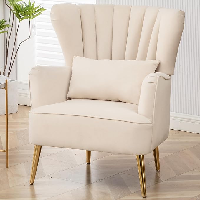 Modern Accent Chair Comfy Wingback Armchair with Pillow Upholstered Shell Accent Chair Reading Chair for Bedroom Living Room Small SpacesDressing Room Beige