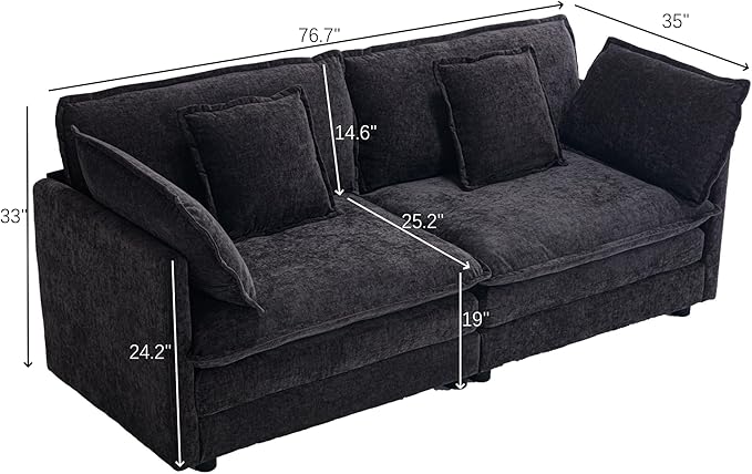 76.7 Black Chenille Loveseat Sofa Oversized 2 Seater Cloud Sectional Couch Modern Large Luxury Love Seat for Living Room Bedroom Apartment Office