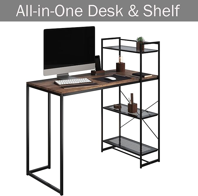 Lavish Home All-in-One Computer Desk with Shelves – Modern Industrial Style Wood and Steel for Home Office Bedroom or Craft Table