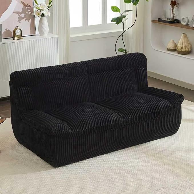 82'' Boneless Corduroy Loveseat Sofa for Living Room Oversized Cloud 2-Seater Couch with Deep Seat Black Corduroy Couches Compressed Sofa in a Box for Living RoomNo Assembly Couch