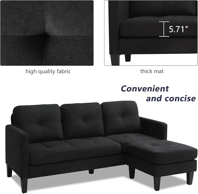Grepatio Convertible Sectional Sofa Couch 3 Seat L-Shaped Sofa Couch with Modern Linen Fabric for Small Space Living Room (Black)