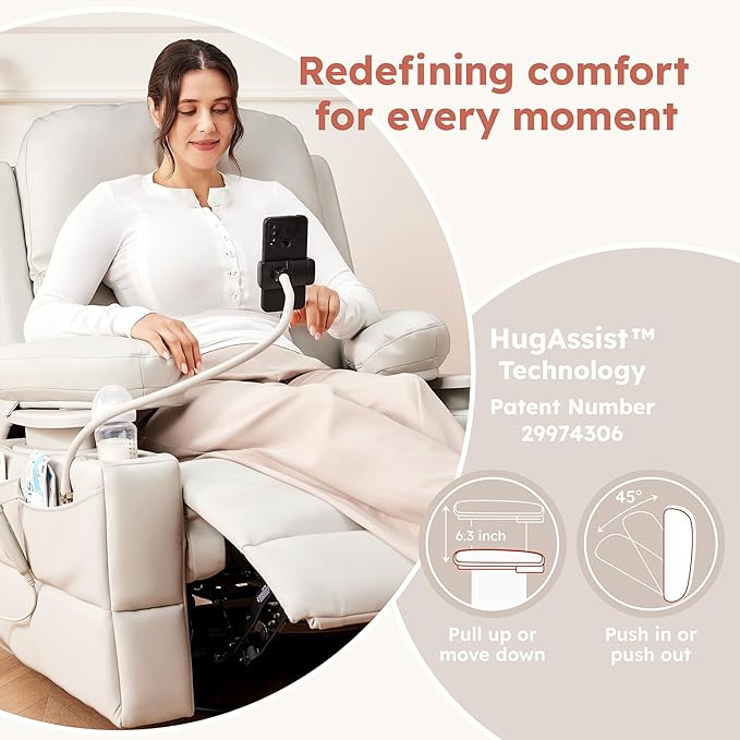 Triple Motor Power Swivel Rocker Recliner Chair with Adjustable Armrests for Adults Elderly FSC Certified Faux Leather Rocking Chair Nursery for Breastfeeding(White)