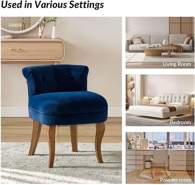 HULALA HOME Velvet Vanity Stool with Low Back Modern Vanity Chair with Solid Wood Legs Small Upholstered Makeup Chair Home Decor for Bedroom Living Room Dressing Table Women Girls Navy