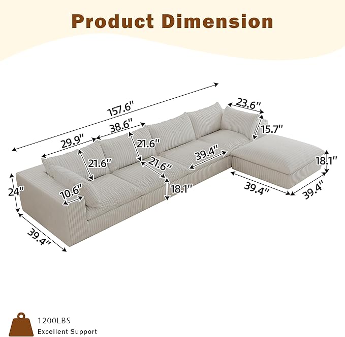 157.6 Modular Sectional Sofa Cloud Couch with Ottoman Modern Fluffy Boneless Couch Deep Seat Upholstered Sofa for Living Room Furniture Bedroom and Apartment (White 4S &amp L Shape) | Plush Cord