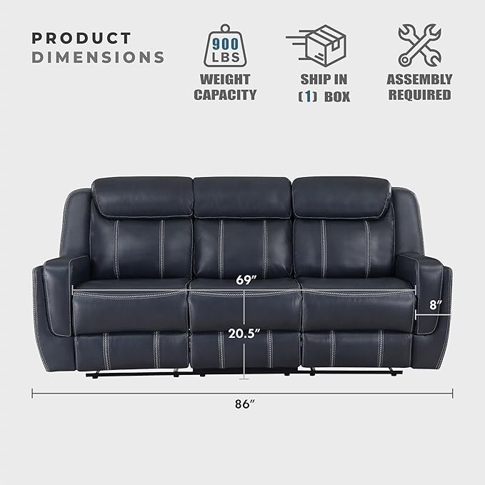 Lexicon Modern Double Recliner Sofa Faux Leather Reclining Sofa with Center Drop-Down Cup Holders Storage Pouch Receptacles USB Ports Manual Recliner Couch for Living Room/Office/Apartment Blue