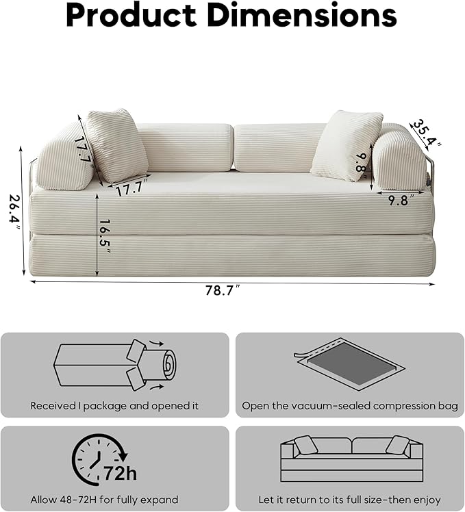79 Convertible Sleeper Sofa Bed Modern Corduroy Floor Couch Bed with Fixed-Shape Frame Modular Sofa Couch with Pull Out Bed Boneless Loveseat Sleeper Couches for Living Room Beige