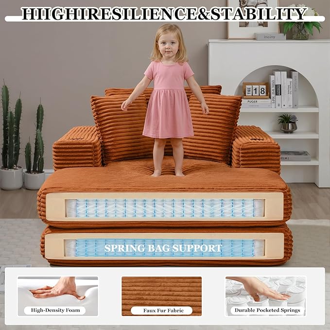 HANXIN 62 Chaise Lounge Chair Indoor Oversized Corduroy Boneless Convertible Chaise Lounge Couch Sleeper Chair with Ottoman Deep Seat Reading Chair No Assembly Required (Orange)