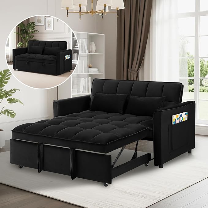 3 in 1 Convertible Sofa Bed Pull Out Couch with Adjustable Backrest Velvet Sleeper Sofa Loveseat with Pillows and Side Pockets for Living Room Bedroom Apartment Black