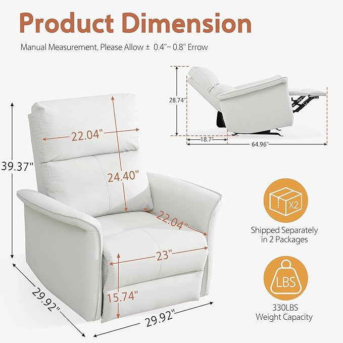 Manual Rocker Recliner Chair with Glider Motion for Nursery 150° Recline &amp Wide Armrests - Overstuffed Leather Nursery Chair for Small Spaces Living Room Bedroom