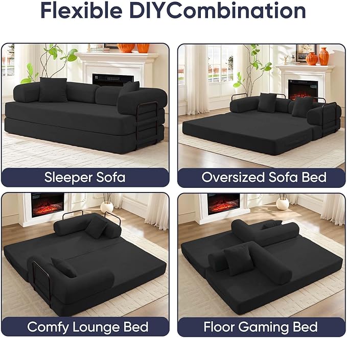 ijuicy 4-in-1 King Convertible Floor Sofa Bed w/ 2 PillowModular Sleeper Sofa/Folding Futon Couch Bed w/Cylindrical Backrest and Fixed FrameLounge CouchCorduroy Compression Sofas for Home-Dark Grey