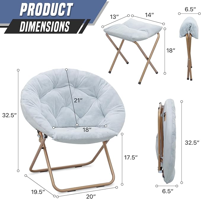 Foldable Oversized Moon Chair with Footrest Large Faux Fur Round Saucer Moon Chair with Folding Footrest Stool for Teens and Adults