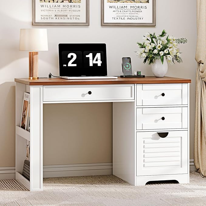 47 Home Office Desks Executive Desk Farmhouse Computer Desk with Drawers and Charging Station File Drawer Storage Cabinet Rustic Computer Writing DeskAntique White