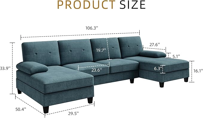 JAMFLY 107 U-Shaped Modern Sofa Modular Sectional Cloud Couch with Chaise 4-Seat Deep Seat Sofa for Living Room Bedroom and Apartment Blue