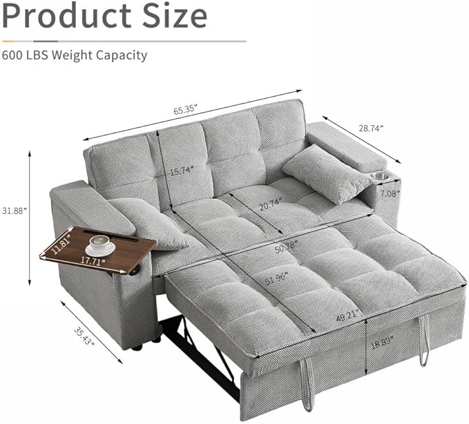 65'' Convertible Sleeper Sofa Bed with Adjustable Backrest Chaise Lounge Side Table &amp USB/Type-C Ports – Stylish &amp Functional Addition to Any Living Room (Fashion Light Grey)