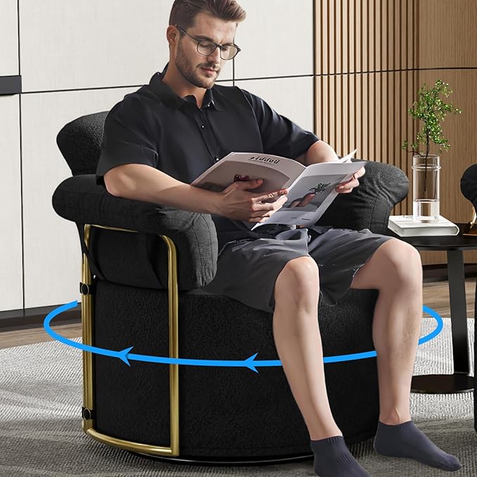 Swivel Accent Chairs for Living Room 360 Swivel Barrel Chair &amp Round Accent Chair with Armrests and Back for Office and Living Room (Black)