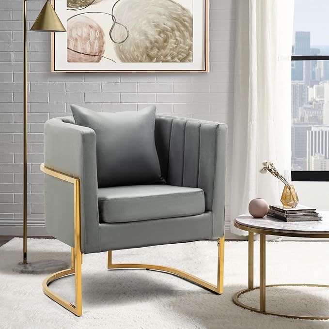 Velvet Modern Living Room Accent Chairs Set of 2 Upholstered Mid-Century Barrel Chairs for Bedroom Side Club Reception Chairs with Gold Metal Legs Gray