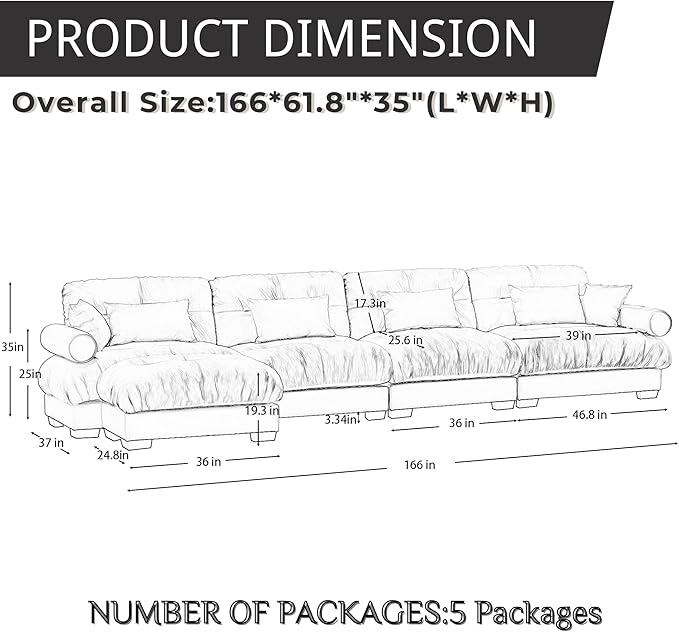 166 Modular Sectional SofaVelvet Upholstered Couches for Living Room4 Seater Grey Sofa Couch with Movable OttomanBig Comfy Cloud Couch with Deep Seats for Living RoomApartmentBedroom