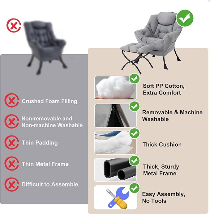 Lazy Chair with Ottoman Modern Accent Chairs with Folding Footrest Light Grey Sofa Chair Set Comfortable Reading Chairs Oversized Armchairs for Bedroom Study Living Room Courtyard