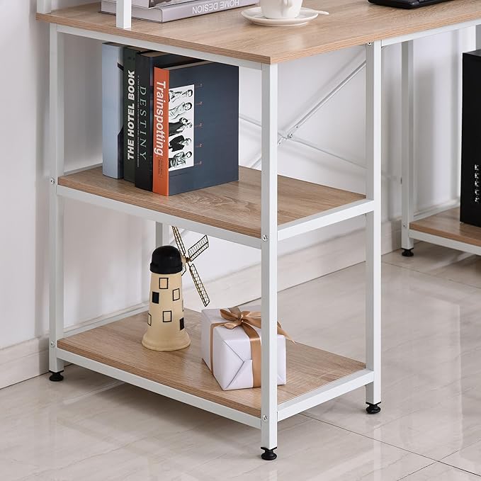 55 Inch Home Office Computer Desk Study Writing Workstation with Storage Shelves Elevated Monitor Shelf CPU Stand Durable X-Shaped Construction Oak Wood Grain